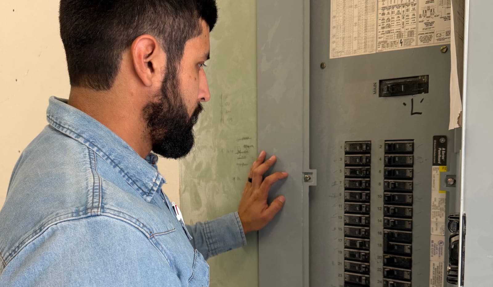 Covenant electrician working at an electrical panel